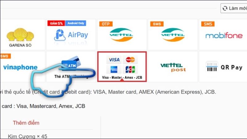 Chọn hình thức thanh toán bằng thẻ quốc tế