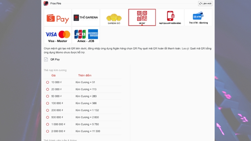 Nạp kim cương qua QR Pay