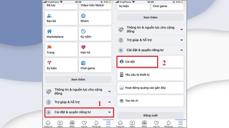 Vào phần cài đặt & quyền riêng tư của Facebook