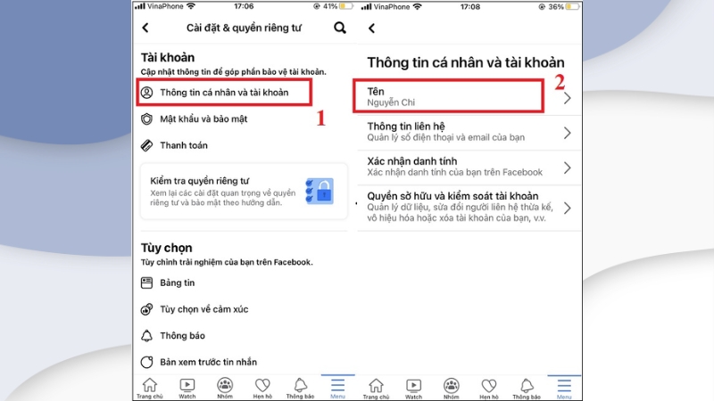 Chọn thông tin cá nhân và tài khoản