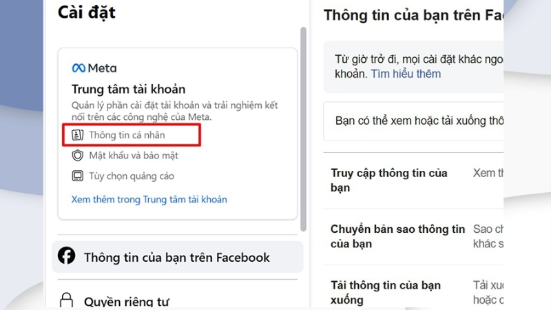 Chọn mục Thông tin cá nhân trong phần Meta