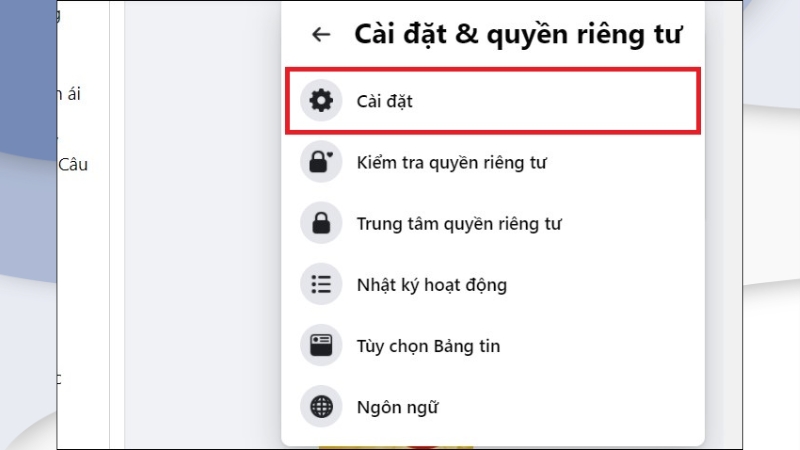 Chọn phần cài đặt