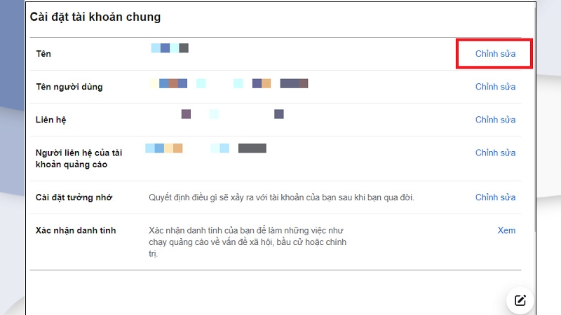 Chỉnh sửa tên trong phần cài đặt tài khoản chung