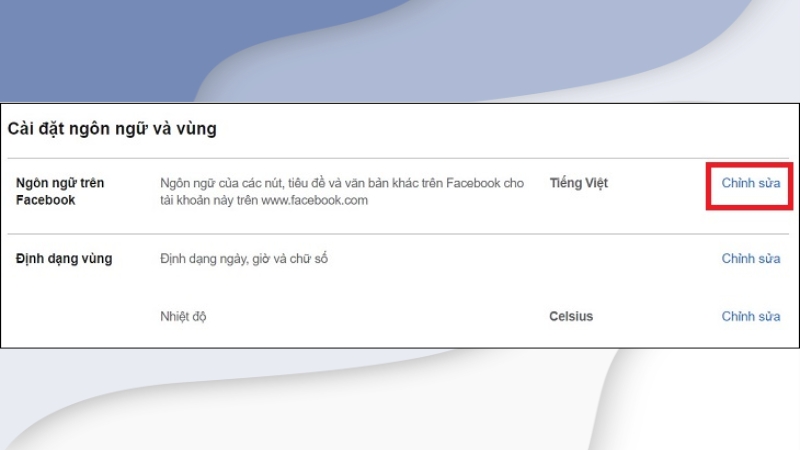 Nhấn chỉnh sửa ở phần ngôn ngữ trên Facebook