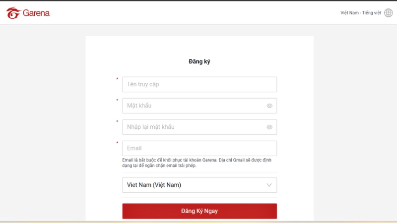 Thực hiện tạo tài khoản Garena