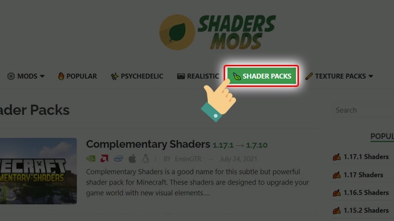 Chọn mục Shader Packs