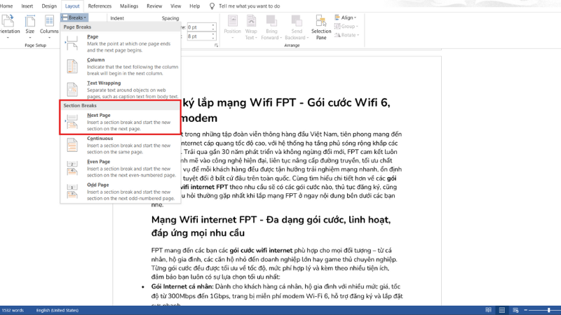 Bước 1 của cách đánh số trang trong Word từ một trang bất kỳ