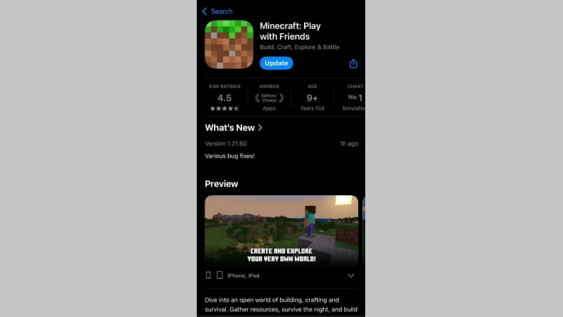 Tải bản cập nhật Minecraft Bedrock 1.21.124 từ cửa hàng ứng dụng