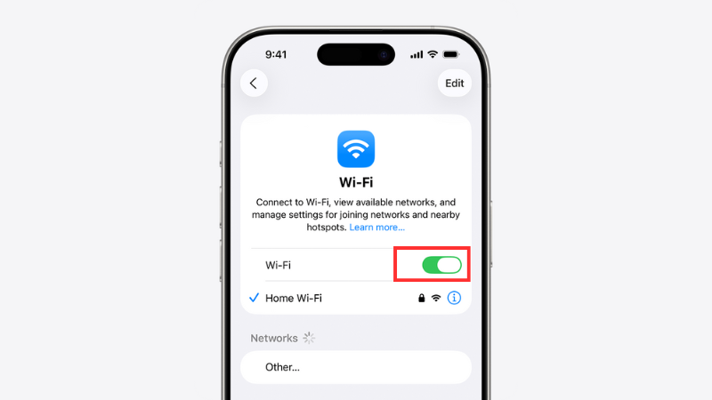 Tắt Wifi bằng cách gạt nút xanh sang trái