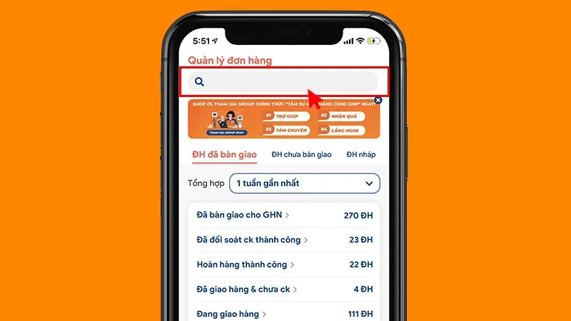 Nhập thông tin liên quan đến đơn hàng rồi bấm tìm kiếm