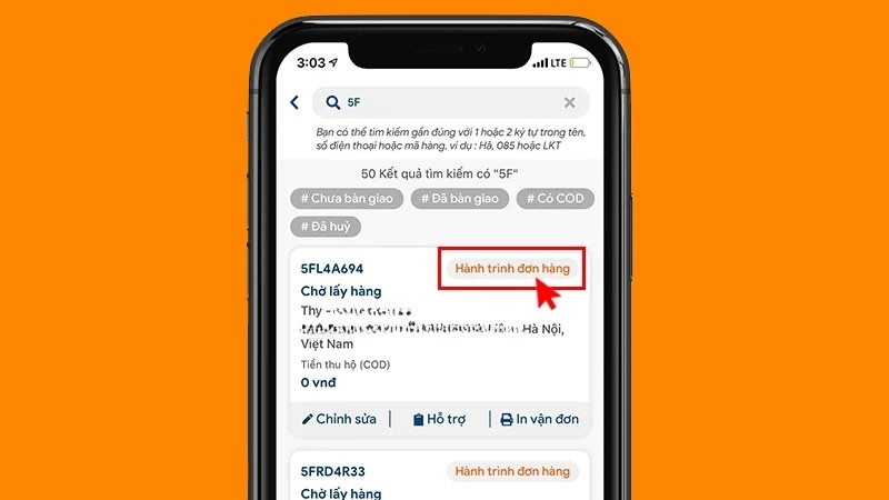 Chọn đơn hàng muốn xem và bấm Hành trình đơn hàng