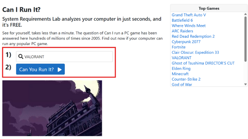 Truy cập System Requirements Lab và tìm