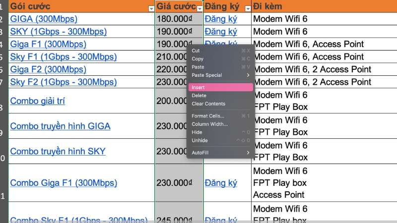 Cách thêm cột trong Excel