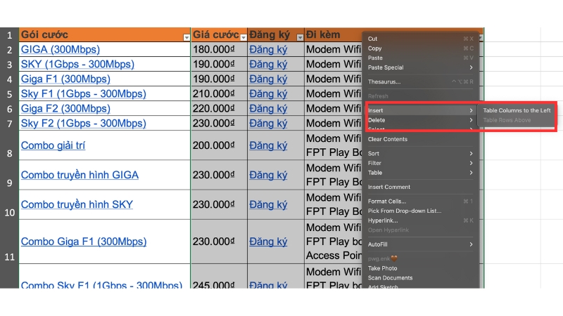 Cách thêm cột trong Excel