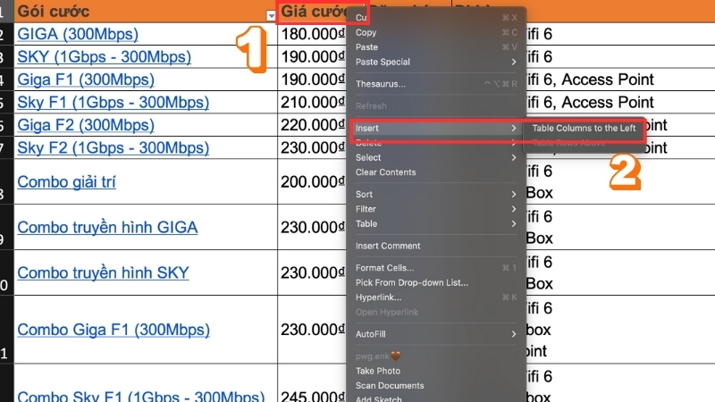 Cách thêm cột trong Excel