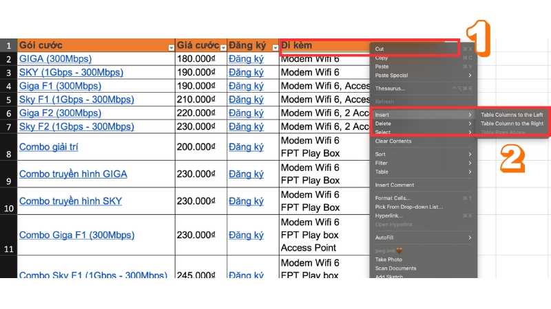 Cách thêm cột trong Excel
