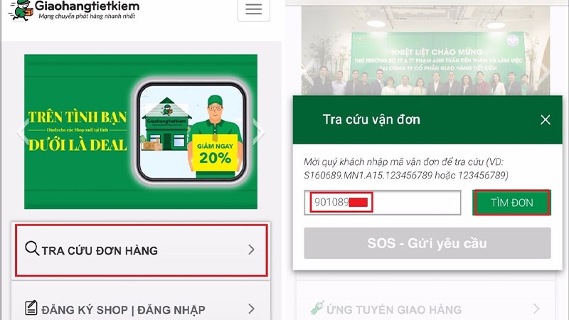 Chọn Tra cứu đơn hàng rồi nhập mã vận đơn