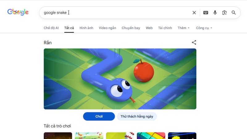 Kết quả tìm kiếm hiển thị trò chơi rắn săn mồi ngay trên Google