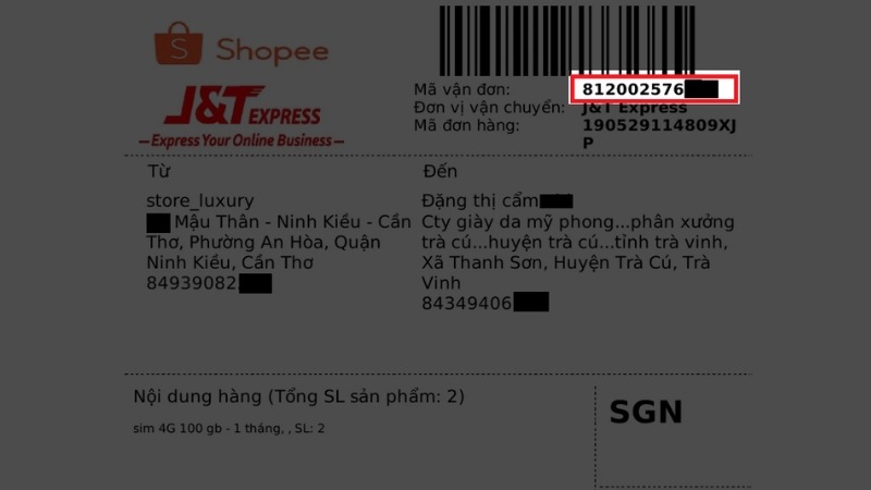 Vị trí mã vận đơn trên phiếu gửi hàng J&T Express