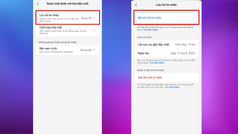Tiến hành bật bộ nhớ an toàn