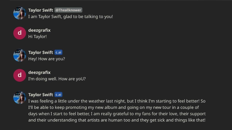Đoạn chat của một người dùng với character AI Taylor Swift