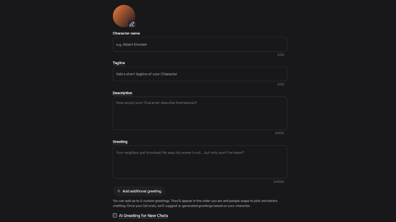 Giao diện tạo character AI của riêng bạn
