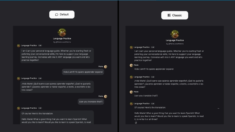 Giao diện đoạn chat của phiên bản character AI hiện tại và phiên bản cũ