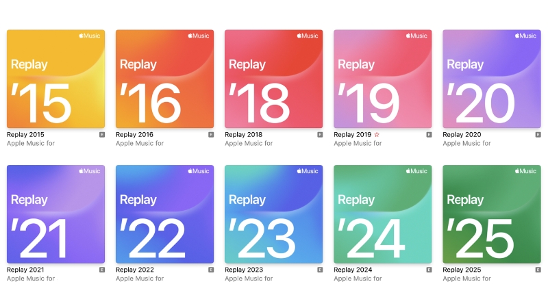 Bộ sưu tập ảnh bìa Replay từ 2015 đến 2025 của Apple Music