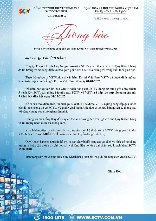 Thông báo K+ dừng phát sóng tại Việt Nam từ 1/1/2026