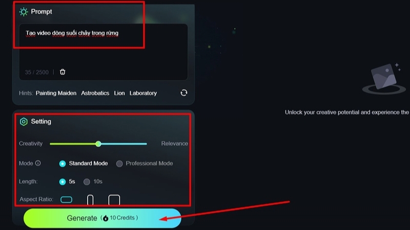Nhập prompt rồi bấm Generate để tạo video