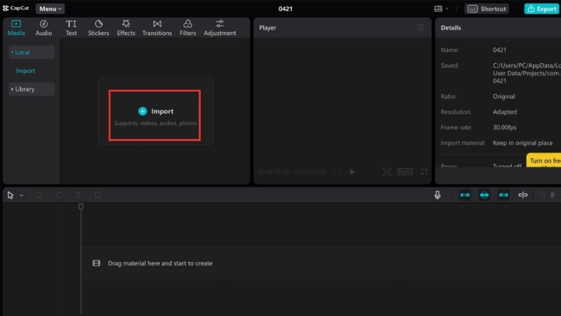 Nhấn Import để thêm video vào dự án