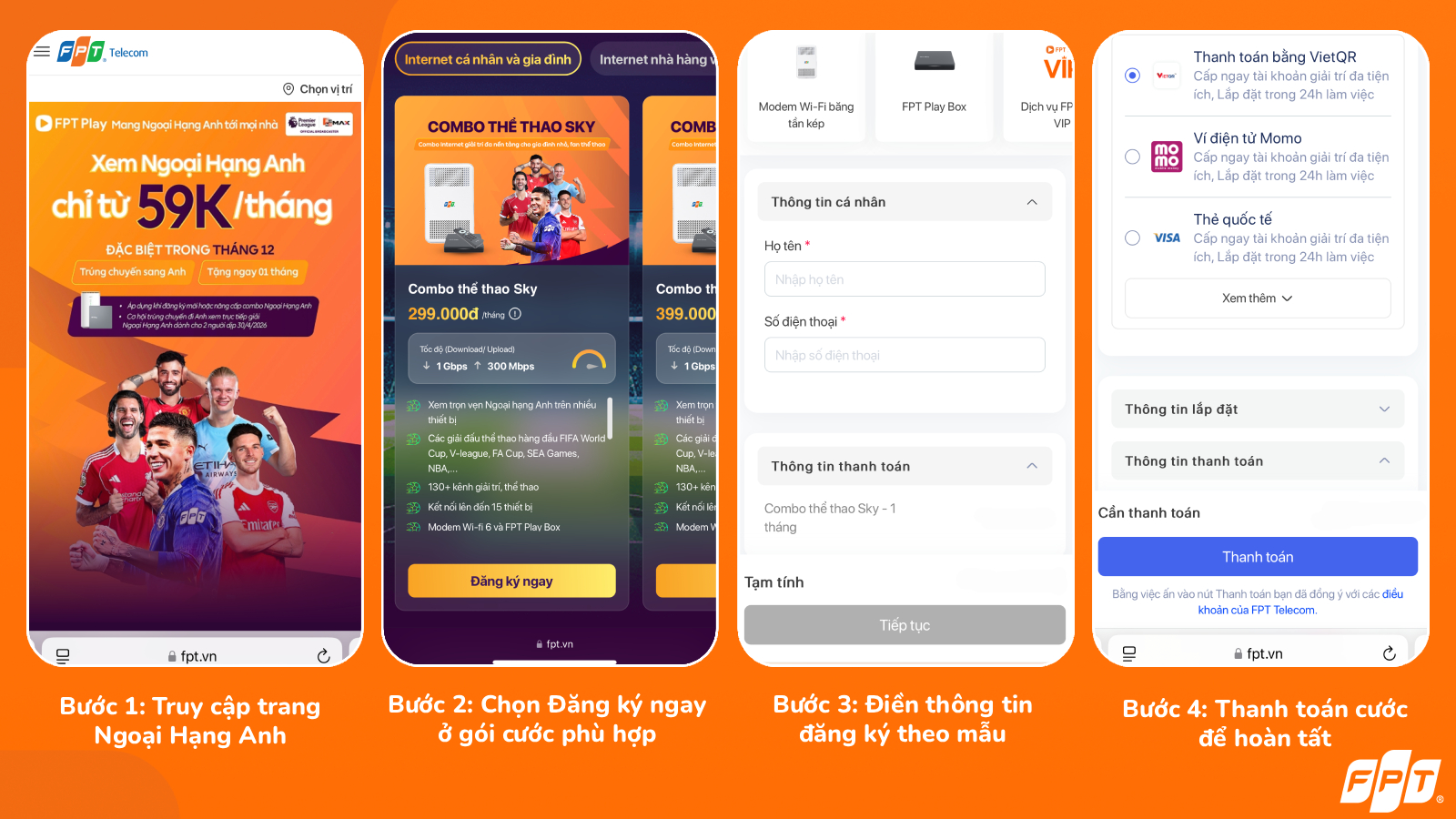 Các bước đăng ký Combo Thể Thao trên website fpt.vn