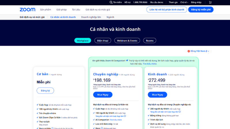 Các gói trả phí của Zoom với những đặc quyền khác nhau
