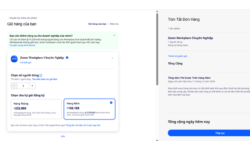 Tiến hành thanh toán để sử dụng tính năng Zoom không giới hạn
