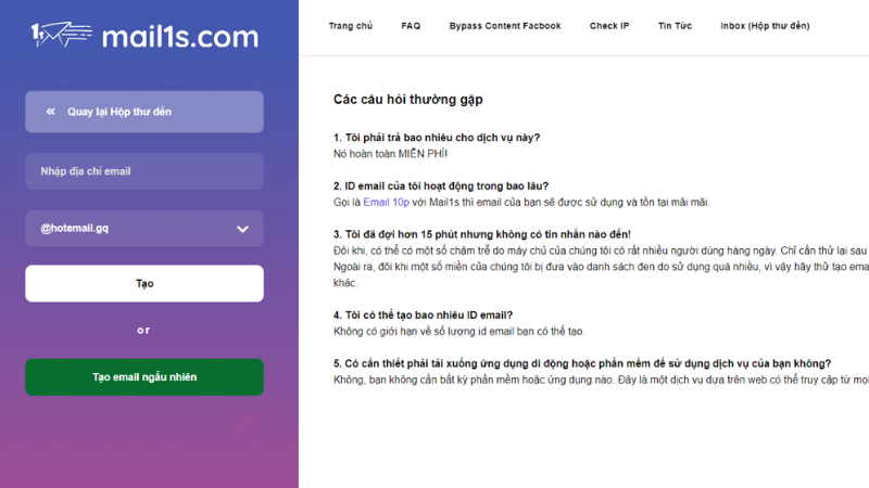 Trang Mail1s giúp tạo email ảo dùng tạm thời