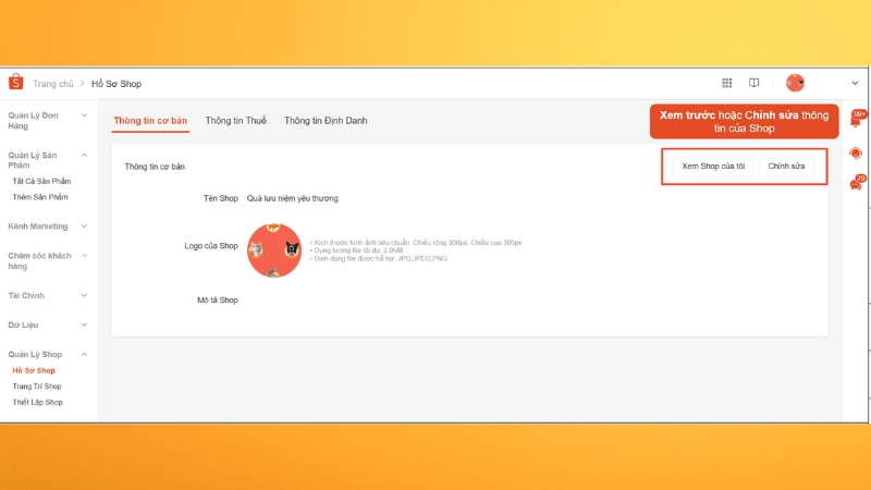 Thiết lập thông tin của shop