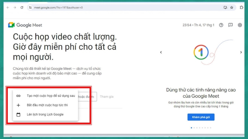 Tiến hành tạo cuộc họp Google Meet