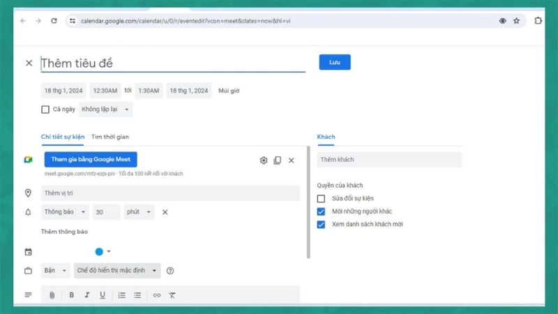 Thiết lập các thông tin chi tiết cho cuộc họp