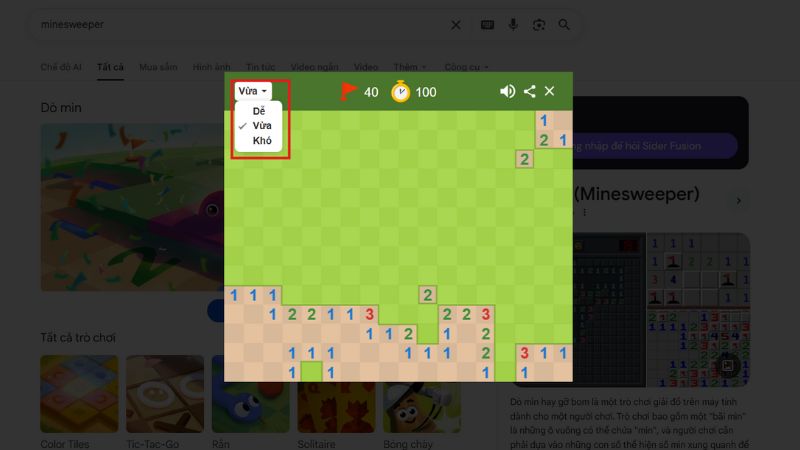 Minesweeper có 3 cấp độ chơi là dễ, vừa và khó