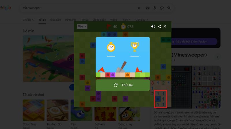 Ô số 1 chỉ tiếp xúc với 1 ô chưa mở có chứa mìn