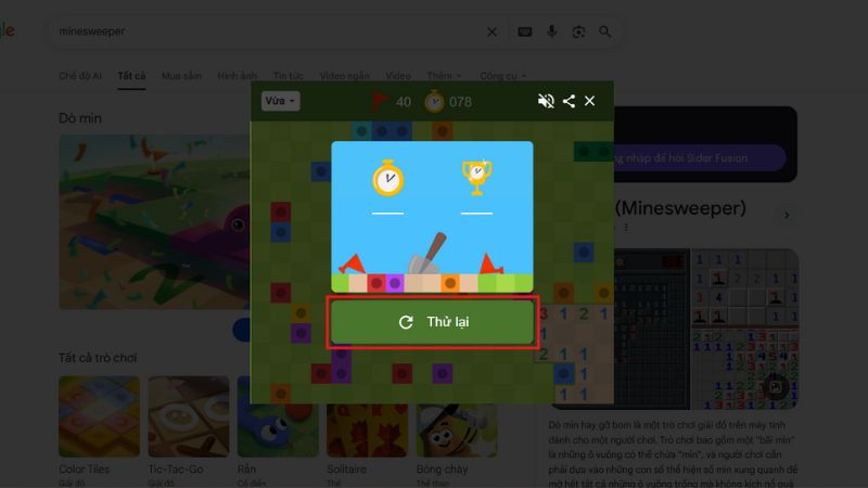 Nhấn “Thử lại” để bắt đầu lại trò dò mìn trên Google