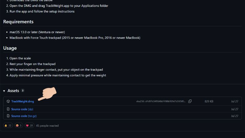 Giao diện tải TrackWeight trên GitHub