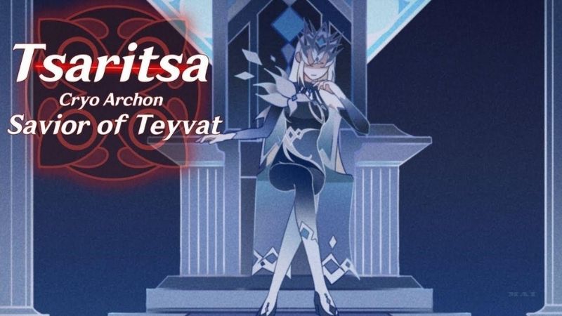 Tsaritsa Cryo Archon ngồi trên ngai băng, nhân vật trung tâm của tổ chức Fatui trong cốt truyện