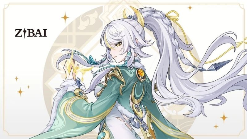 Zibai với mái tóc trắng dài và trang phục xanh ngọc