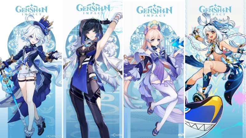 Các nhân vật nữ hệ Hydro meta gồm Furina, Yelan, Sangonomiya Kokomi và Mualani với vai trò support và DPS chủ lực trong nhiều đội hình mạnh