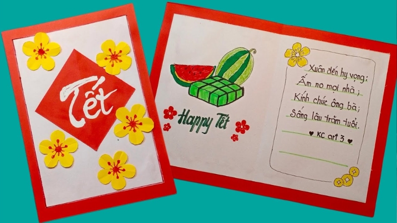 Mẫu thiệp chúc Tết đẹp mắt với họa tiết hoa mai và lời chúc viết tay