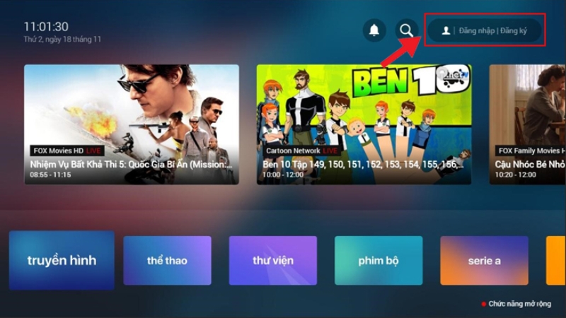 Mở FPT Play trên Smart TV và chọn mục Đăng nhập/Đăng ký