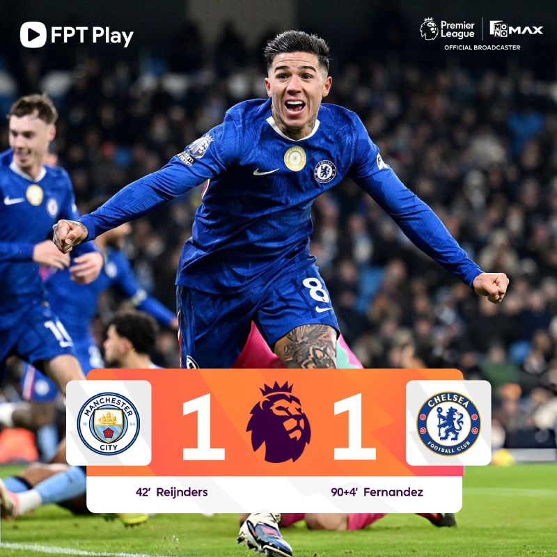 Enzo Fernandez ghi bàn phút bù giờ giúp The Blues cầm hòa Man City
