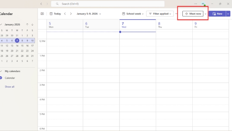 Nhấn chọn Meet Now trong mục Calendar