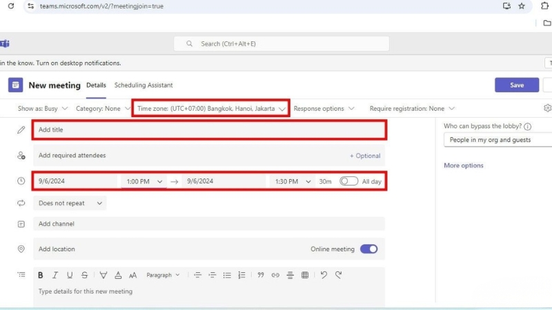 Điền thông tin để lên lịch họp vào 1 giờ chiều nay rồi bấm Lưu